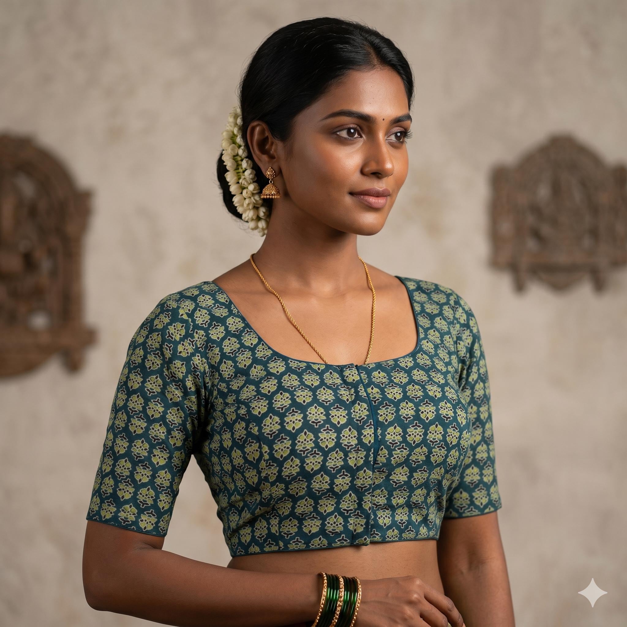 トップス L'Appartement Indian Cotton Blouse Teal Ajrakh Cotton Saree Blouse With Mask, Readymade Indian Blouse
