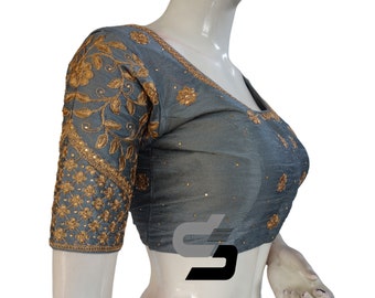 Grey Color Semi Silk Designer Embroidery Saree Readymade Blouse, Indian Designer Blouse in USA