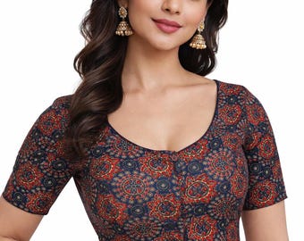 Princess Cut Cotton Saree Blouse – Multicolor Print, Front Hook Fitting