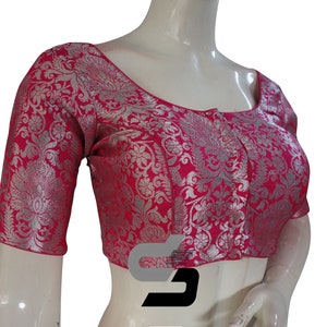 Rani Pink Color Silver Mix Banaras Brocade Silk Readymade Saree Blouse, Indian Readymade Blouse in USA