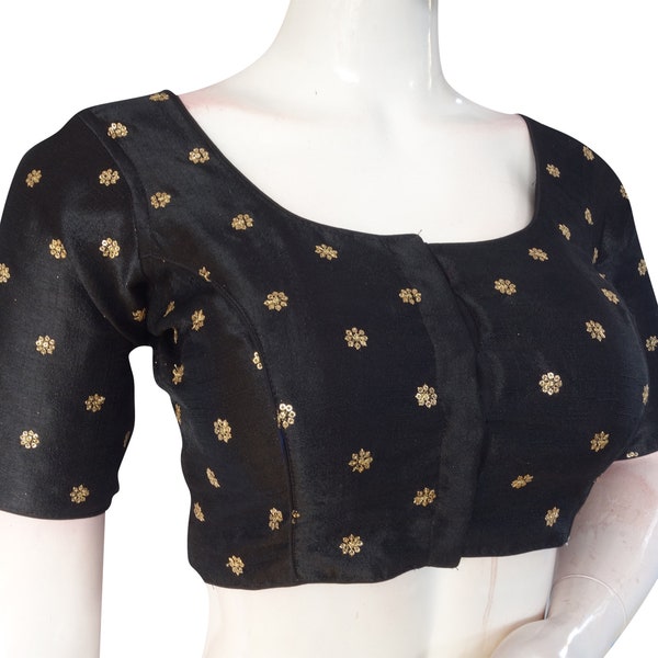 Black Color Saree Blouse, Semi Silk Butta Embroidery Blouse , Indian Choli Top USA