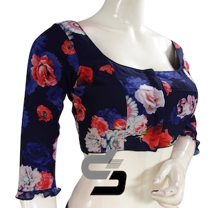 Navy Blue Color Designer Organza 3/4th Sleeve Readymade Blouse for Sarees, Indian Designer Blouse in USA