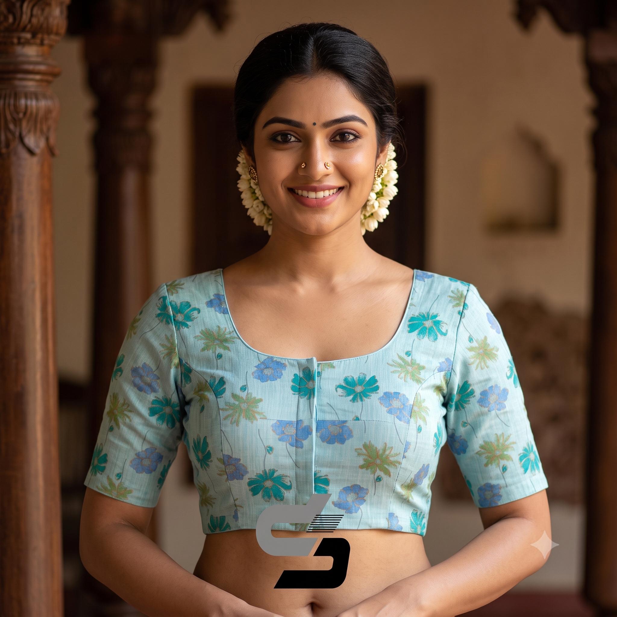 Blue Floral Tissue Silk Saree Blouse, Readymade Indian Designer Blouse Princess cut