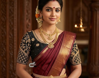 Black Silk Saree Blouse, Designer Embroidery Readymade Choli, Size 34/36,Princess cut