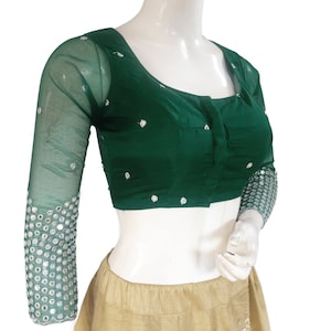 Green color Designer Net Foil Mirror Readymade Saree Blouse With Bracelet Sleeves, Indian Readymade Blouse in USA
