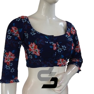 Navy Blue Color Color Designer Organza 3/4th Sleeve Readymade Blouse for Sarees, Indian Designer Blouse in USA