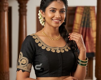 Black Color Semi Silk Designer Embroidery Saree Readymade Blouse,Princess cut