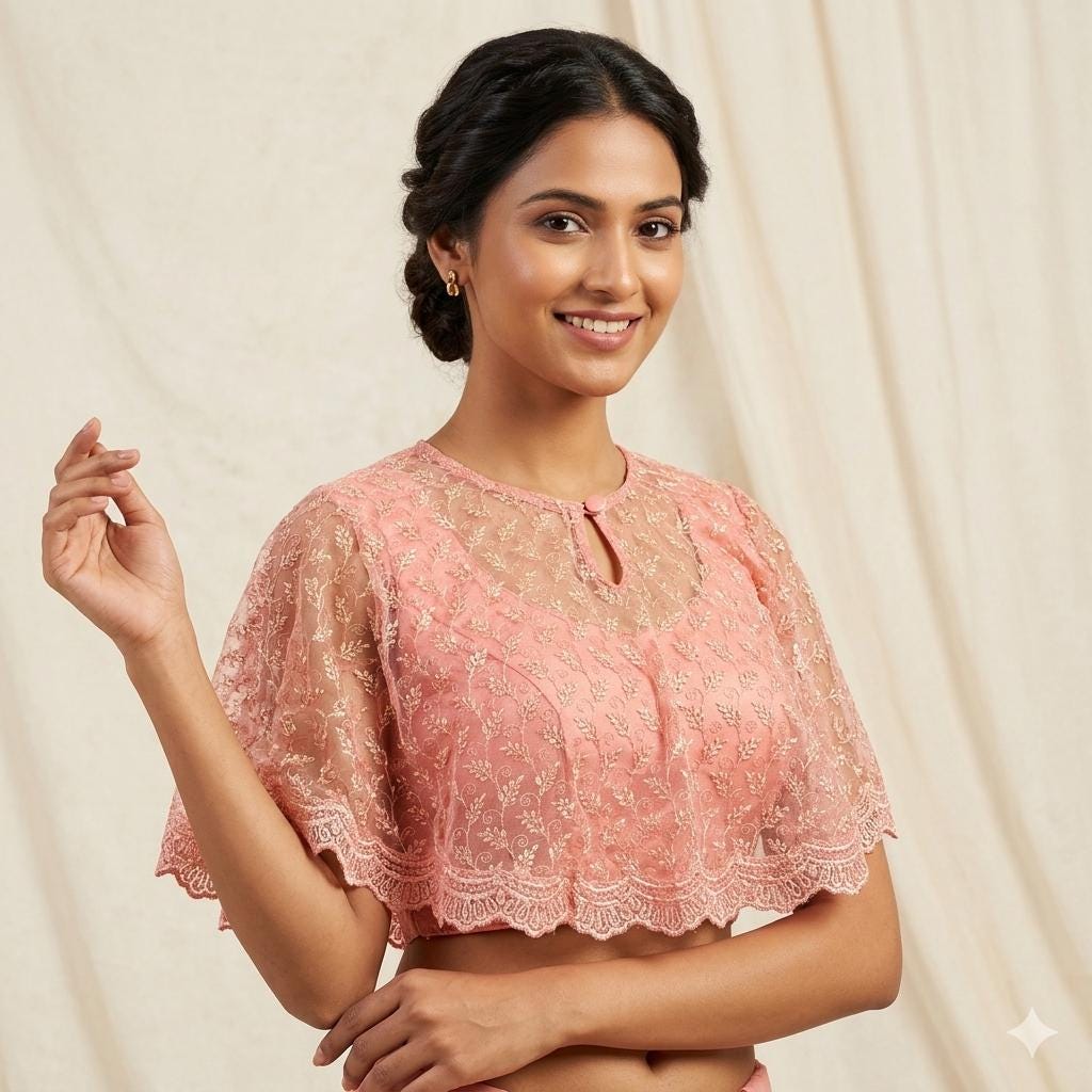 Pink Lace Poncho Blouse, Indian Saree Blouse, Readymade, Princess
