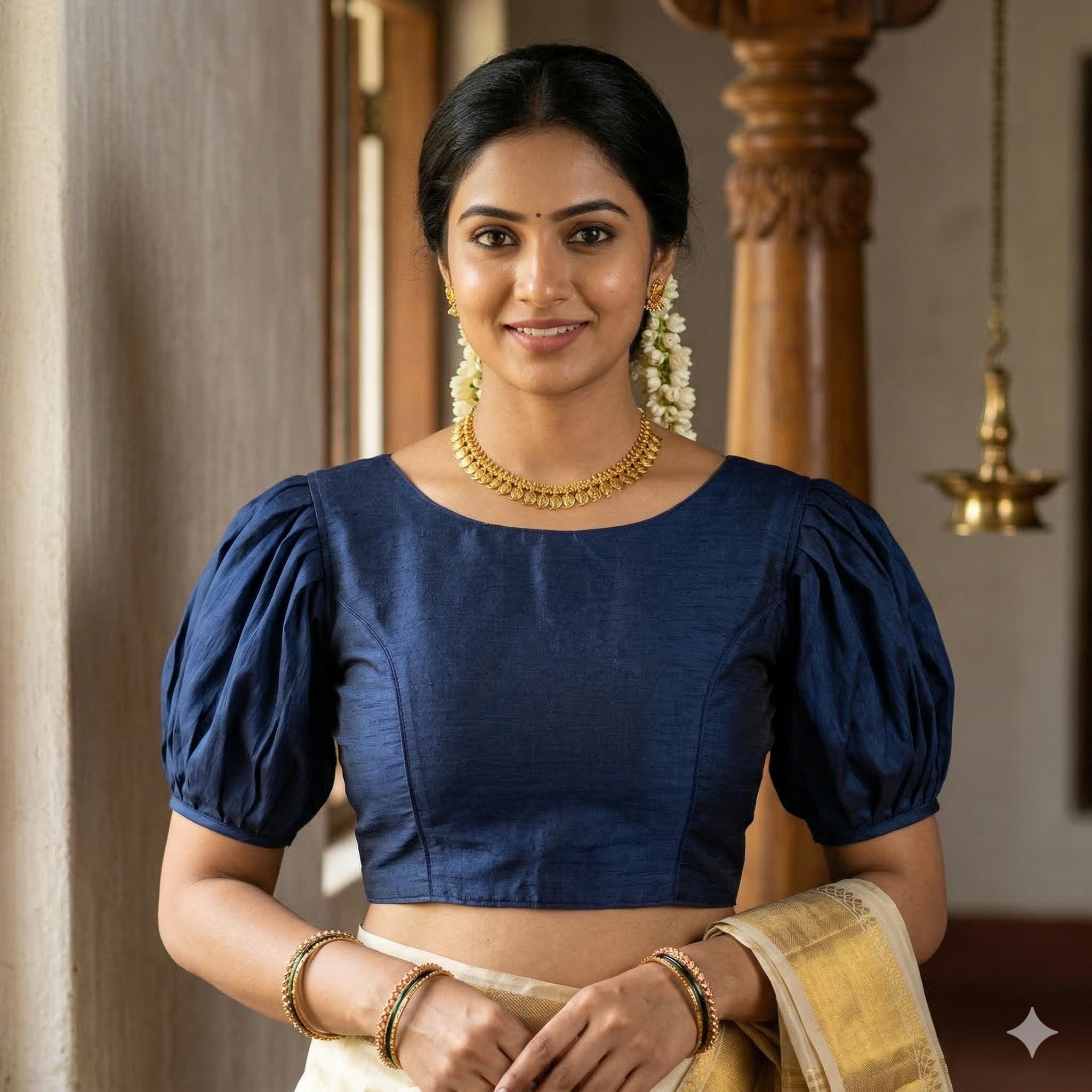 Navy Blue Semi Silk Puff Sleeve Blouse, Indian Readymade Saree