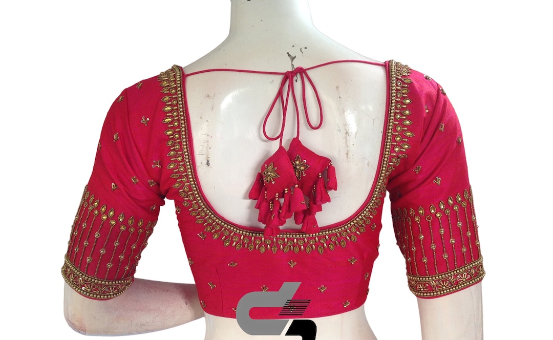 40” Bridal Aari hand Worked Sari Blouse Indian Top Choli Silk Red B39