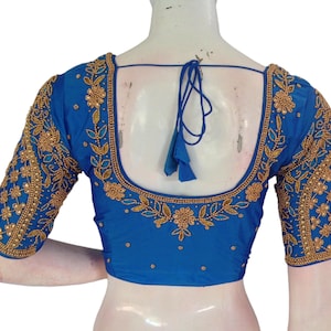 Azure Aari Handwork Wedding Readymade Silk Saree Blouse | USA