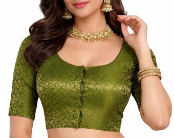 Brocade Silk Readymade Saree Blouse - Gold Floral (Plus Size Princess Cut)