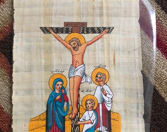 Rare Genuine Vintage Hand Painted Coptic Christian Egyptian Icon on Papyrus (Jesus Crucifixion)