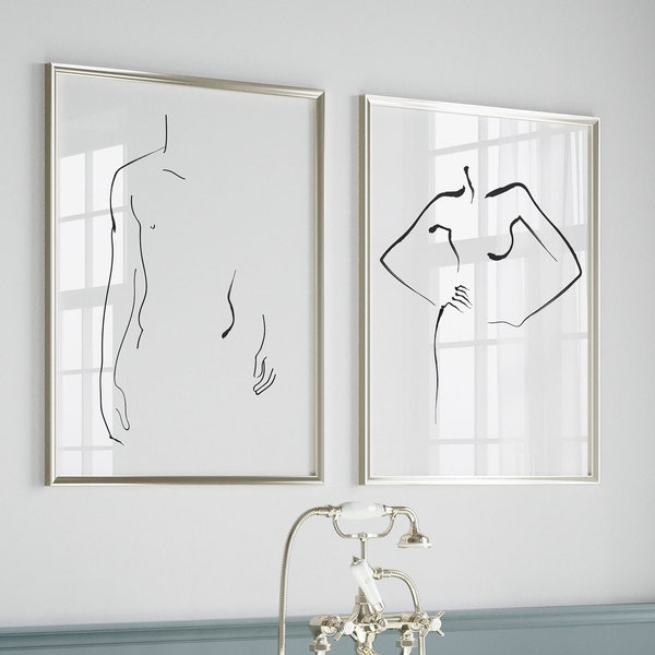 Lot de 2 dessins au trait homme et femme, dessin de silhouettes de couples, un dessin au trait, lot de 2 impressions corporelles abstraites, ensemble mural de galerie, minimalisme moderne