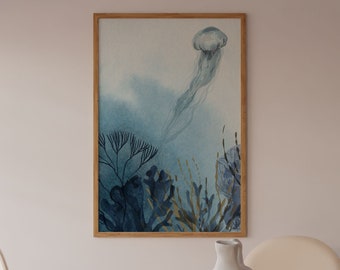 Arte de pared de medusas de acuarela, Impresión de arte subacuático, Cartel de vivero unisex, Impresión oceánica, Vida submarina, Pintura de aguas profundas, Colores pastel