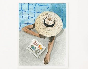 Swimming pool print, Watercolour girl art, Summer tropical artwork, Woman by pool poster, Reading magazine, Poolside prints, Pastel decor