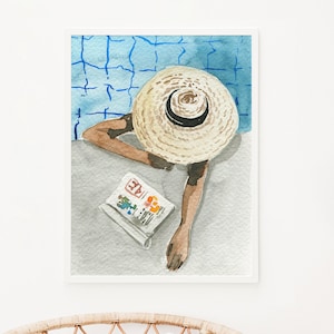 Swimming pool print, Watercolour girl art, Summer tropical artwork, Woman by pool poster, Reading magazine, Poolside prints, Pastel decor