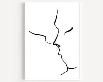 Couples kissing wall art, Man and woman line art, Couples silhouette, Abstract minimalist print, One line art, Modern Contemporary, Romance