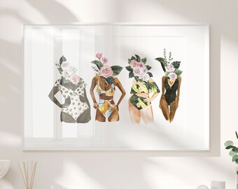 Aquarel bloemhoofd vrouwen kunstafdruk: positieve diversiteit lichaam (digitale download)