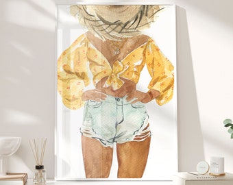 Cowgirl Art Print, Summer Fashion Watercolor Illustration (Digital Download)