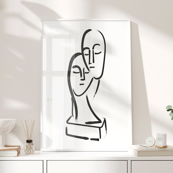 Römische Statue Druck, Kopf Statue Poster, Altgriechische Kunst, Paar Linie Kunst, Paar Silhouette, Handgezeichnete Kunst, moderne minimalistische, Skulptur