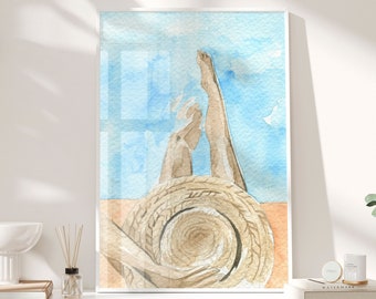 Watercolor Woman by Pool Print: Beach Hat Art (Digital Download)