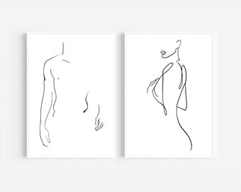 May include: A set of two minimalist line art prints featuring a single line drawing of a nude male figure and a nude female figure.