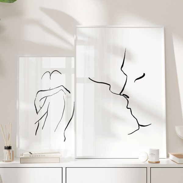 Set of 2 abstract nude body prints, Couple kiss line art, Set of 2 man and woman line art, Couples silhouette, Gallery wall set, Minimalist