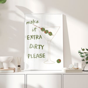 Extra vuile martini alstublieft afdrukken, trendy esthetisch keukendecor, cocktailuurtje, barwagen, handgetekende zomerdrankje, grappig citaat, eclectisch