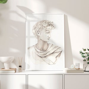 Julius Caesar kunst aan de muur, aquarel Romeinse beeldhouwkunst, hoofd standbeeld poster, oude Griekse print, Griekse God mythologie, museumtentoonstelling, buste