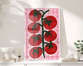 Op de afbeelding: Een ingelijste illustratie van een rode tomatenplant met groene bladeren en rode tomaten op een roze en witte geruite achtergrond.