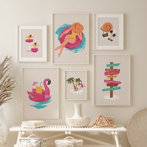 Set of 6 Beach Prints, Summer Girl Poster, Trendy Aesthetic Decor, Swimming Pool Print, Tropical Vacation Art, Flamingo Float, Cocktail Hour