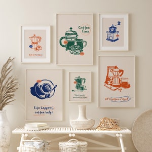 Set of 6 Trendy Coffee Posters, Espresso Art Print, Coffee Lover Gift, Moka Pot Print, Aesthetic Kitchen Decor, Happy Hour, Vintage Retro