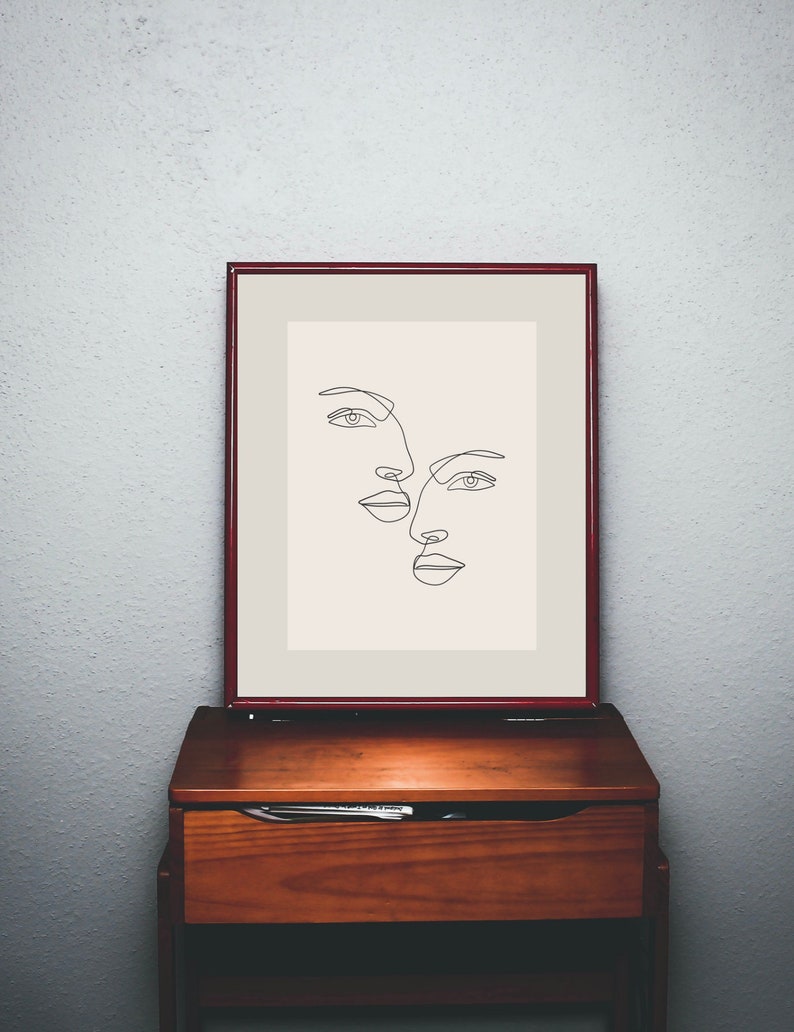 Boho earth tone art Minimal neutral tone line art Abstract pastel color poster Single line face art print Printable Face line art print
