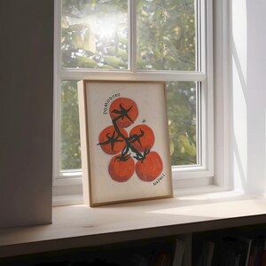 Hand drawn Illustration of 5 big juicy red tomatoes on a vine in raw pencil strokes viewed from the top. Around the tomatoes it says pomodoro di Napoli. the background is light blue colour, then in beige there are pencil strokes around the tomatoes.