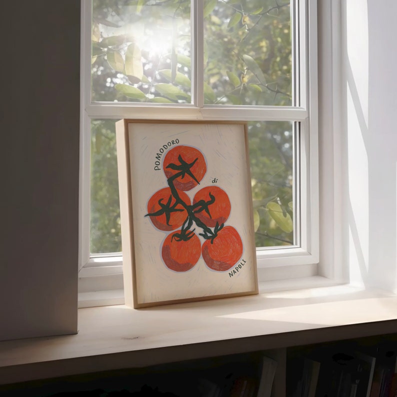 Hand drawn Illustration of 5 big juicy red tomatoes on a vine in raw pencil strokes viewed from the top. Around the tomatoes it says pomodoro di Napoli. the background is light blue colour, then in beige there are pencil strokes around the tomatoes.