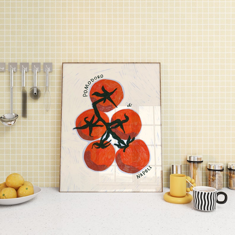 Hand drawn Illustration of 5 big juicy red tomatoes on a vine in raw pencil strokes viewed from the top. Around the tomatoes it says pomodoro di Napoli. the background is light blue colour, then in beige there are pencil strokes around the tomatoes.