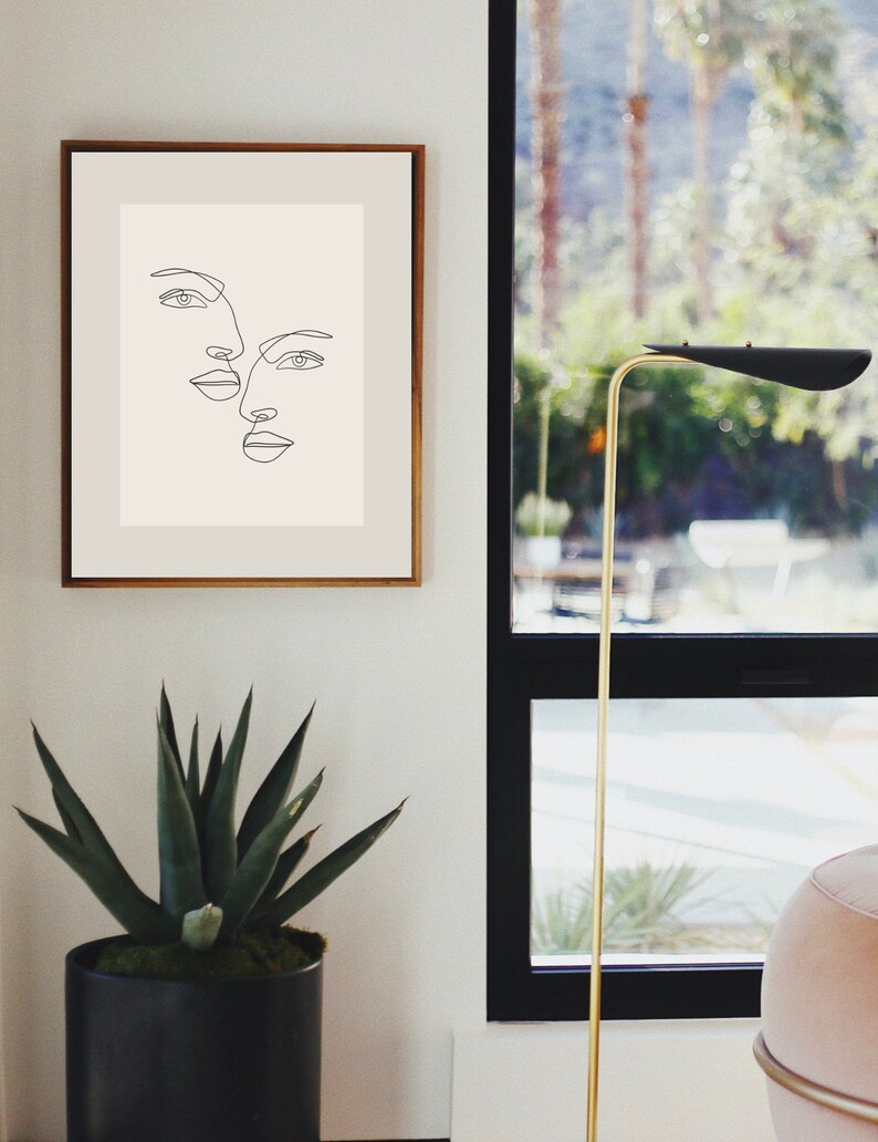Boho earth tone art Minimal neutral tone line art Abstract pastel color poster Single line face art print Printable Face line art print