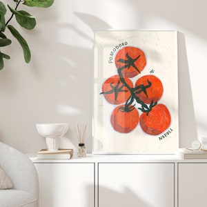 Hand drawn Illustration of 5 big juicy red tomatoes on a vine in raw pencil strokes viewed from the top. Around the tomatoes it says pomodoro di Napoli. the background is light blue colour, then in beige there are pencil strokes around the tomatoes.