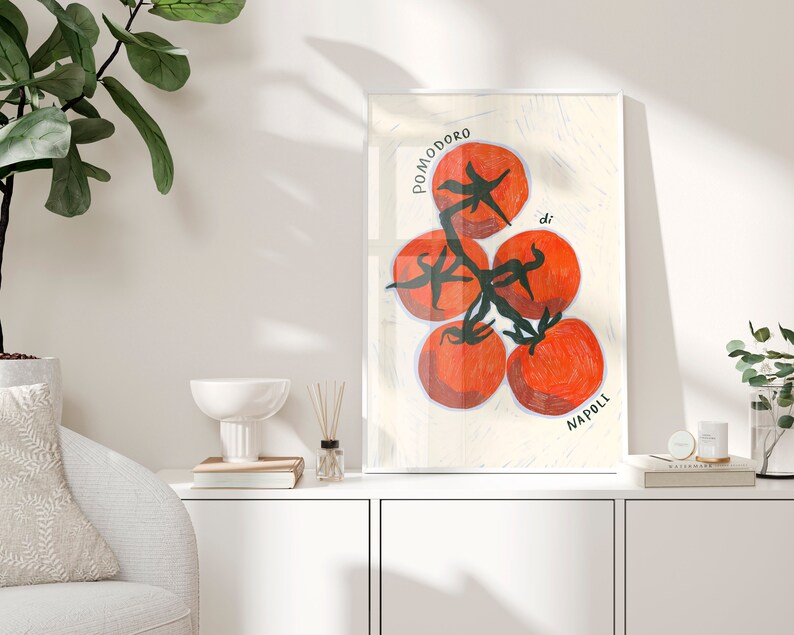 Hand drawn Illustration of 5 big juicy red tomatoes on a vine in raw pencil strokes viewed from the top. Around the tomatoes it says pomodoro di Napoli. the background is light blue colour, then in beige there are pencil strokes around the tomatoes.