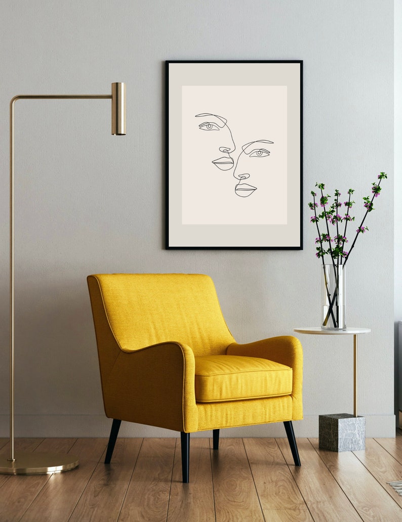 Boho earth tone art Minimal neutral tone line art Abstract pastel color poster Single line face art print Printable Face line art print