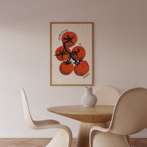 Hand drawn Illustration of 5 big juicy red tomatoes on a vine in raw pencil strokes viewed from the top. Around the tomatoes it says pomodoro di Napoli. the background is light blue colour, then in beige there are pencil strokes around the tomatoes.
