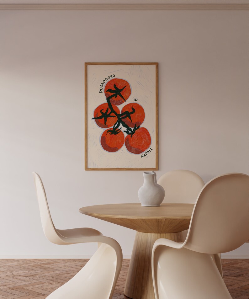 Hand drawn Illustration of 5 big juicy red tomatoes on a vine in raw pencil strokes viewed from the top. Around the tomatoes it says pomodoro di Napoli. the background is light blue colour, then in beige there are pencil strokes around the tomatoes.