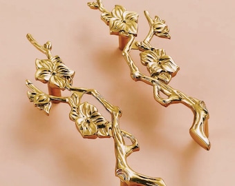 A pair of gold flower blossom drawer handles/2 gold brass branch and flower design cabinet pulls/Flower shaped wardrobe door handles