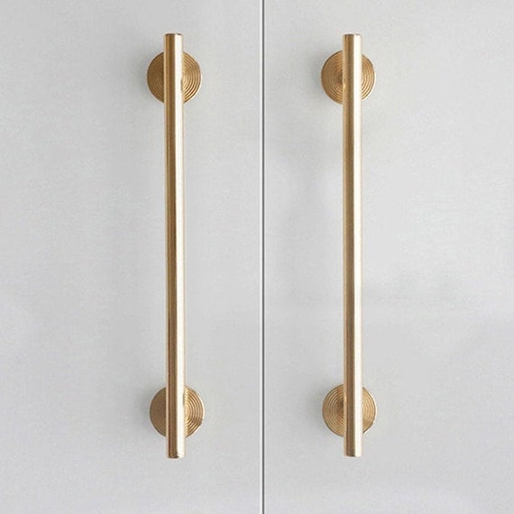 Shiny Gold Brass 8mm or 10mm Thick Bar Pull Handle With Round  Backplates/gold Drawer Pull/kitchen Furniture Hardware/retro Gold Door  Handle 