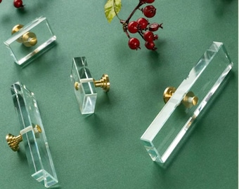 Clear glass and brass rectangular shaped cabinet handle /Square glass crystal and gold brass drawer pull/Rectangle transparent glass knob