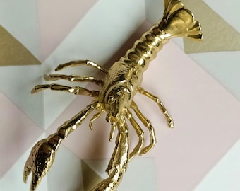 Gold solid brass lobster cabinet pull/Sea creature shaped door handle/beach themed drawer knob/brass furniture hardware/Crab shaped handle