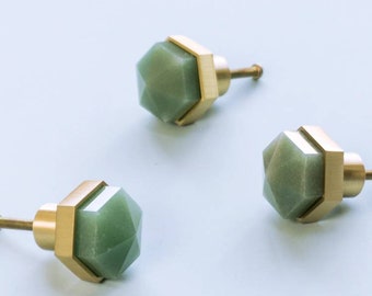 Green jade hexagonal shaped drawer pull/Green semi precious stone and brass cabinet handle/Geometric door knob/stone furniture hardware