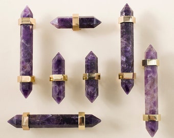 Luxury hexagonal purple amethyst crystal bar handle with gold brass fixings/Purple gemstone drawer pull/stone hardware/Amethyst door handle