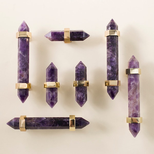 Luxury hexagonal purple amethyst crystal bar handle with gold brass fixings/Purple gemstone drawer pull/stone hardware/Amethyst door handle